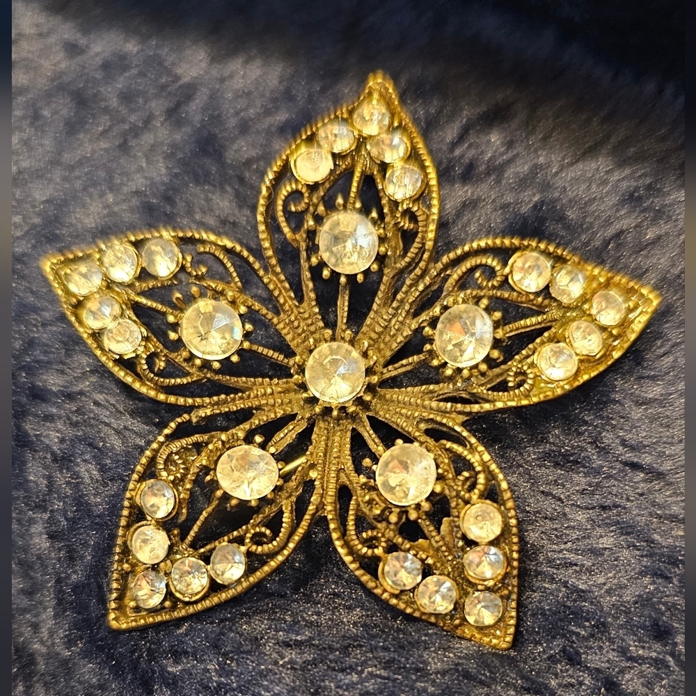 Vintage Gold Bronze Floral Brooch with Crystals